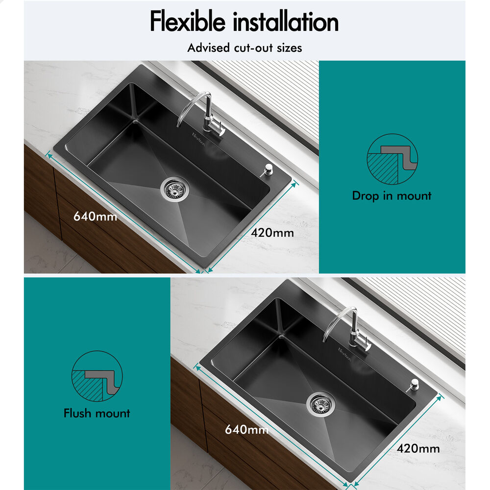 ALFORDSON Kitchen Sink 68x45cm Stainless Steel Basin Single Bowl Black
