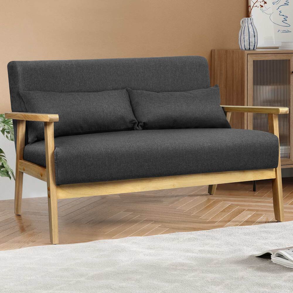 ALFORDSON Wooden Armchair 2 Seater Sofa Fabric Lounge Chair Accent Couch Seat Dark Grey