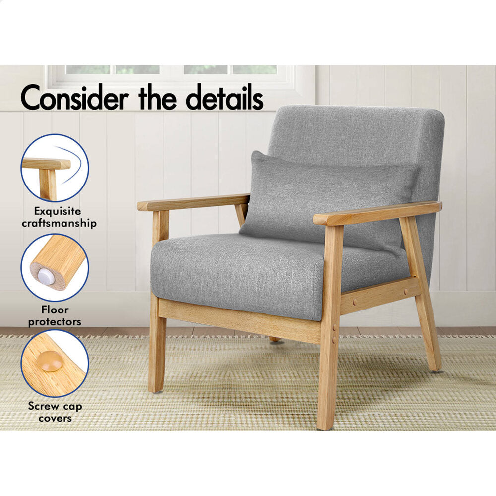 ALFORDSON Wooden Armchair Lounge Accent Chair Fabric Light Grey