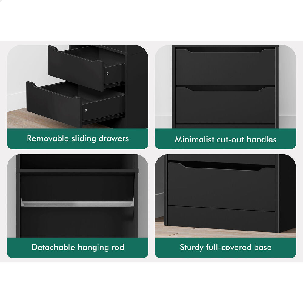 2 Drawers ALFORDSON Wardrobe Clothes Storage Cabinet Hanging Rod Black