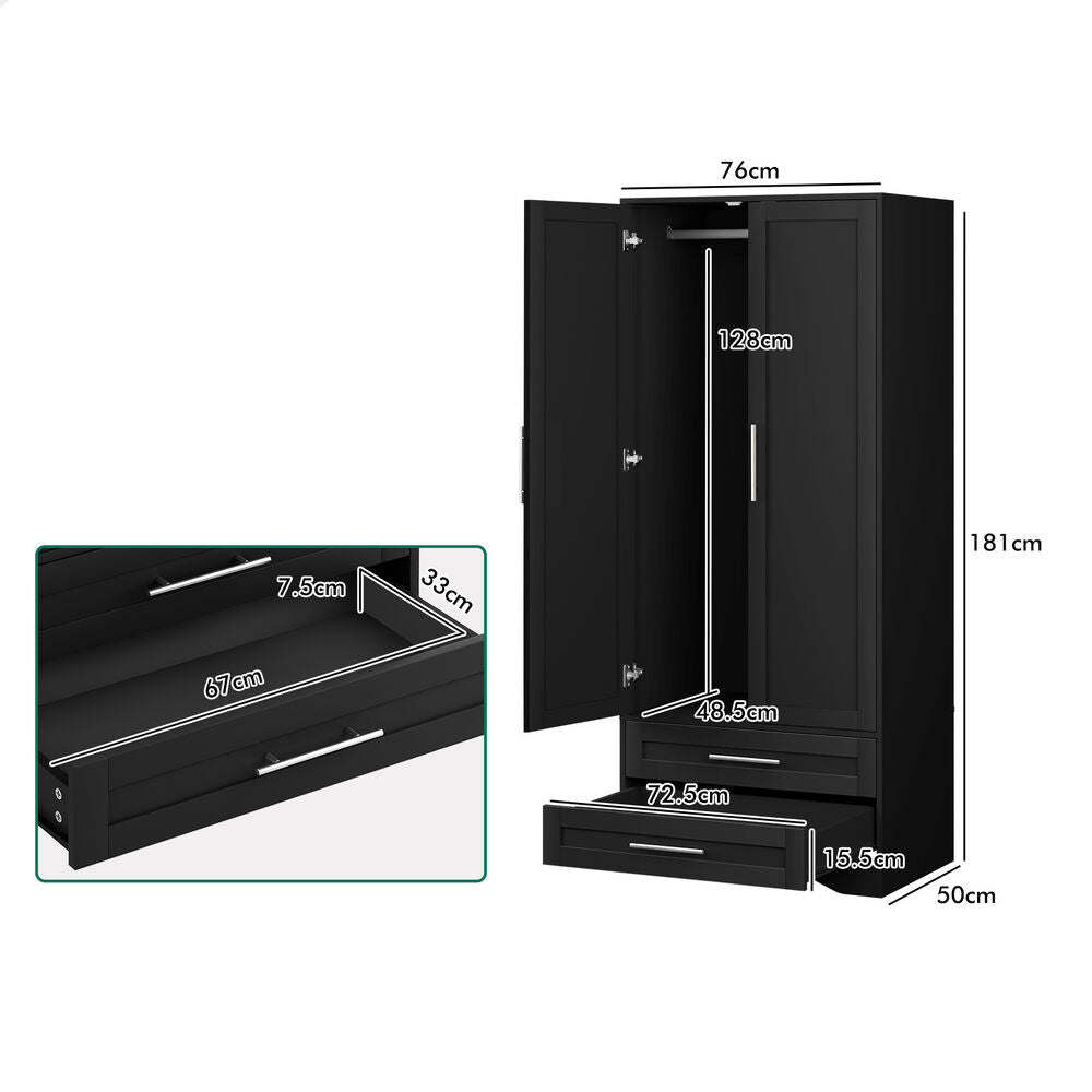 2 Drawers ALFORDSON Wardrobe Clothes Cabinet Hanging Rod Black