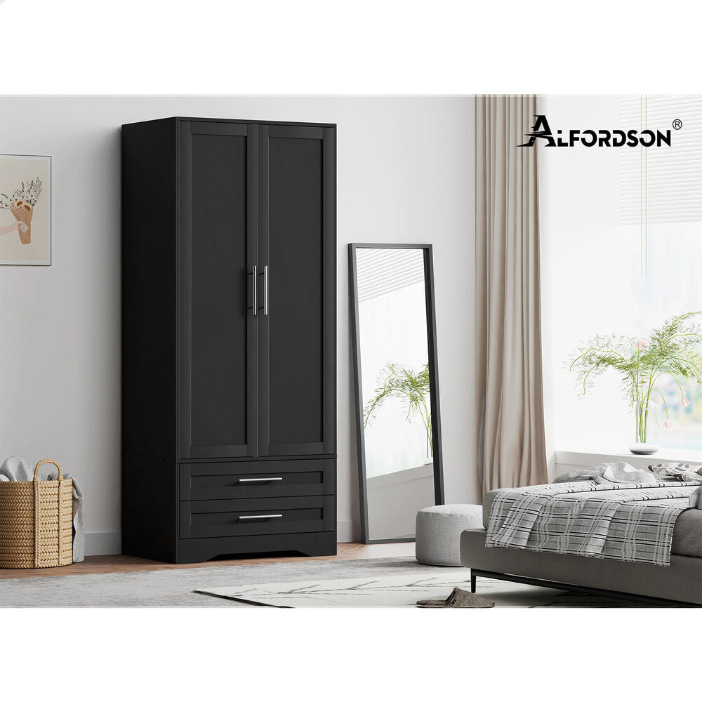 2 Drawers ALFORDSON Wardrobe Clothes Cabinet Hanging Rod Black