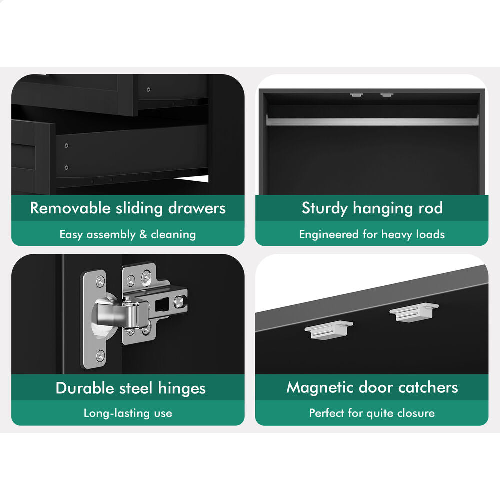 2 Drawers ALFORDSON Wardrobe Clothes Cabinet Hanging Rod Black