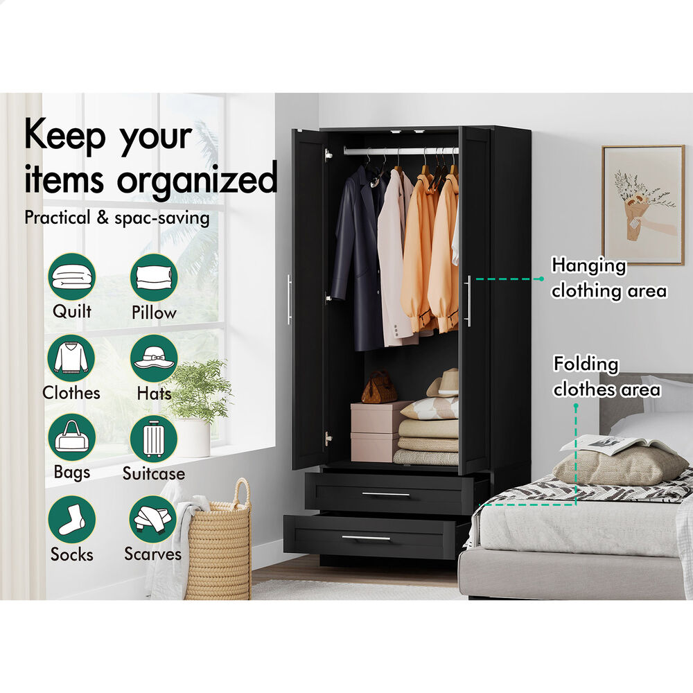 2 Drawers ALFORDSON Wardrobe Clothes Cabinet Hanging Rod Black