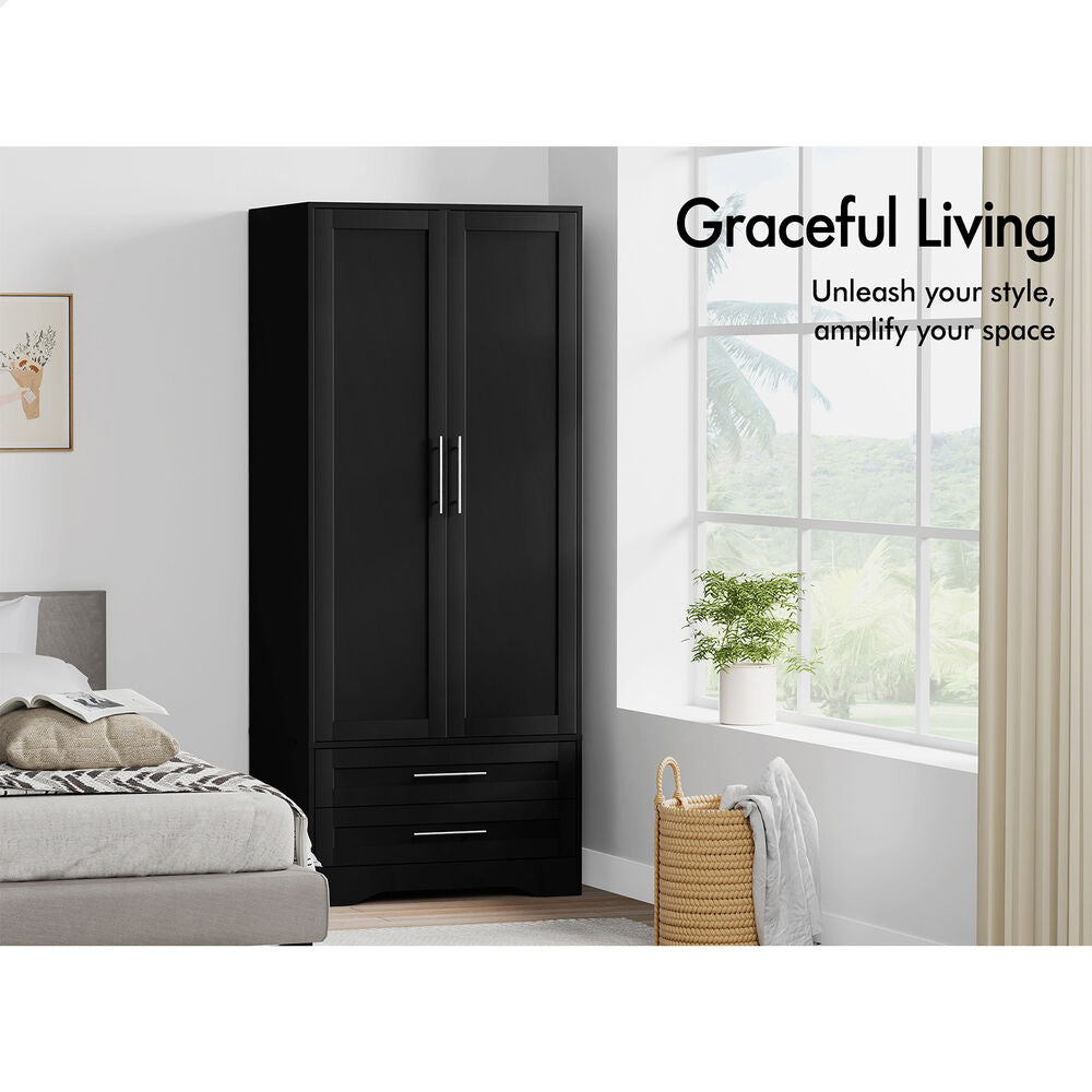 2 Drawers ALFORDSON Wardrobe Clothes Cabinet Hanging Rod Black