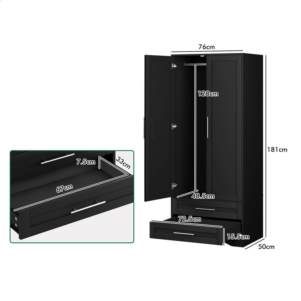 2 Drawers ALFORDSON Wardrobe Clothes Cabinet Hanging Rod Black