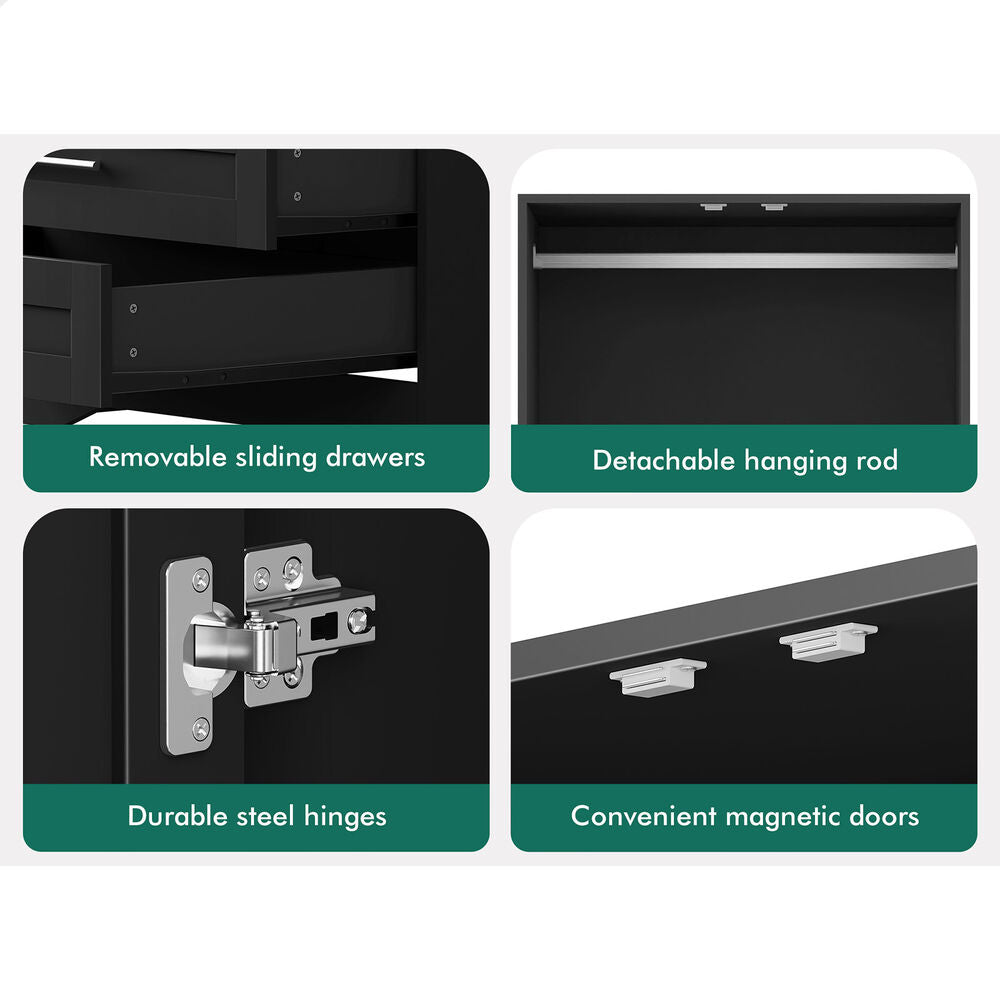2 Drawers ALFORDSON Wardrobe Clothes Cabinet Hanging Rod Black