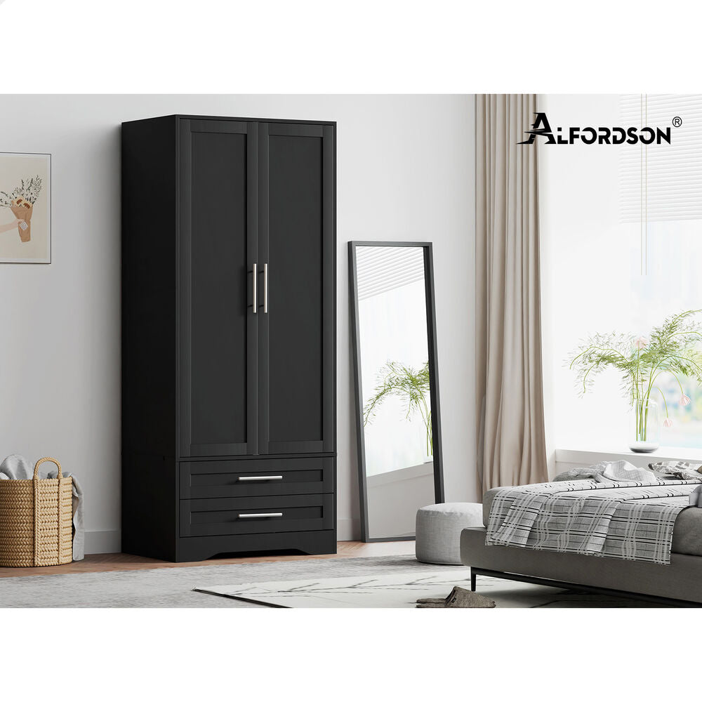 2 Drawers ALFORDSON Wardrobe Clothes Cabinet Hanging Rod Black