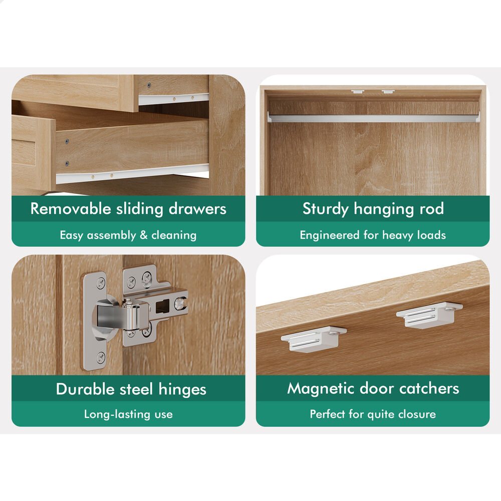 2 Drawers ALFORDSON Wardrobe Clothes Cabinet Hanging Rod Wood