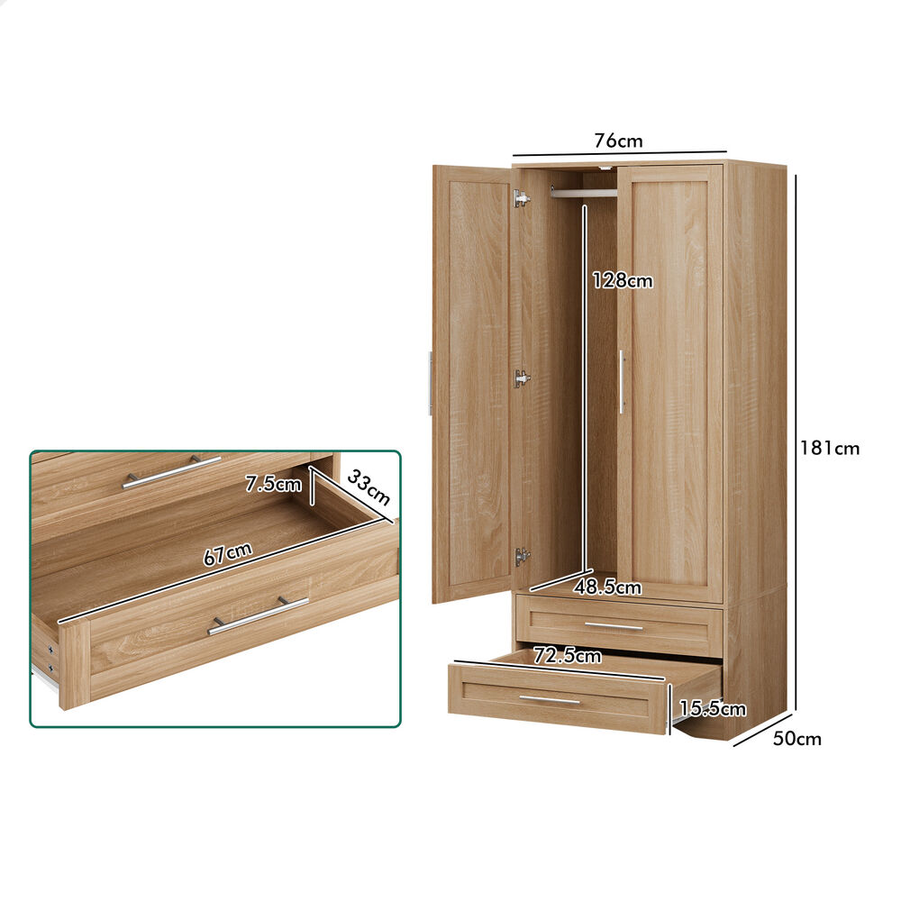 2 Drawers ALFORDSON Wardrobe Clothes Cabinet Hanging Rod Wood