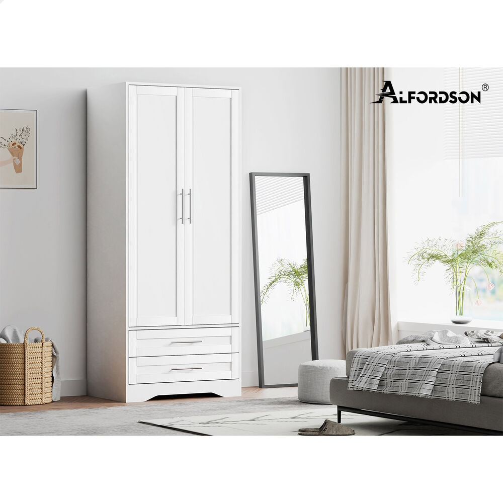 2 Drawers ALFORDSON Wardrobe Clothes Cabinet Hanging Rod White