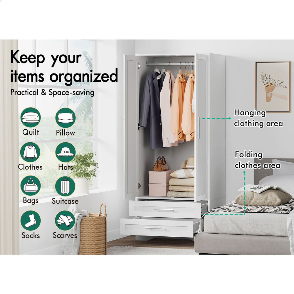 2 Drawers ALFORDSON Wardrobe Clothes Cabinet Hanging Rod White