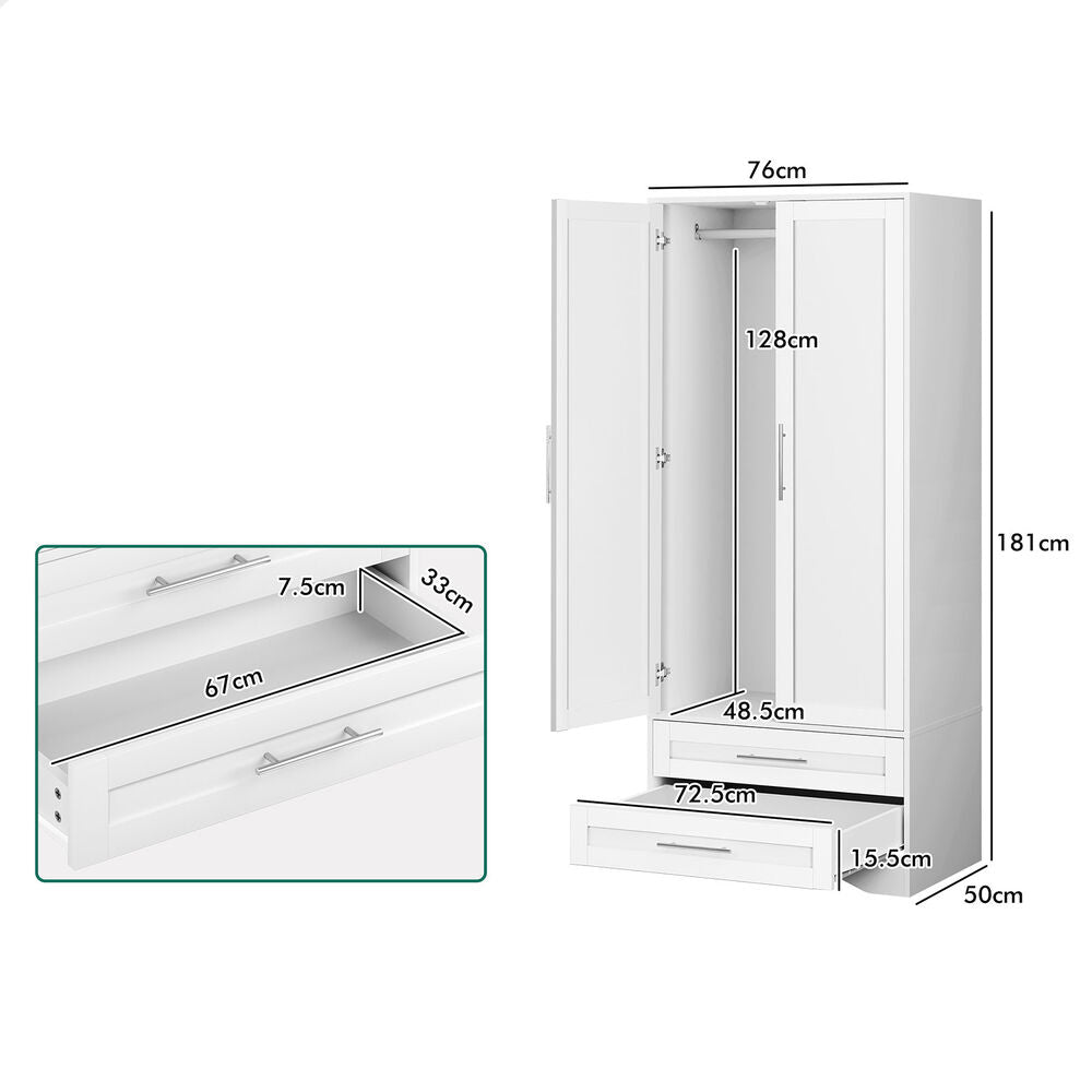 2 Drawers ALFORDSON Wardrobe Clothes Cabinet Hanging Rod White