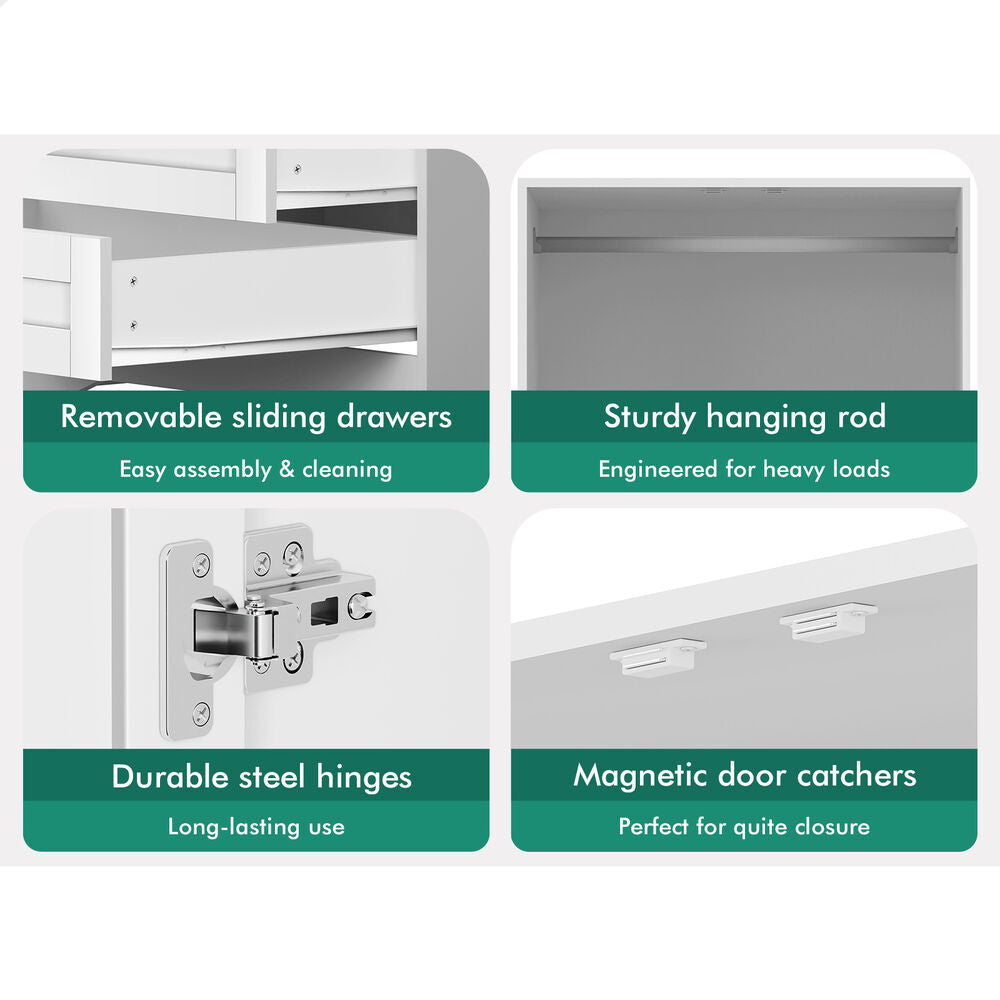 2 Drawers ALFORDSON Wardrobe Clothes Cabinet Hanging Rod White