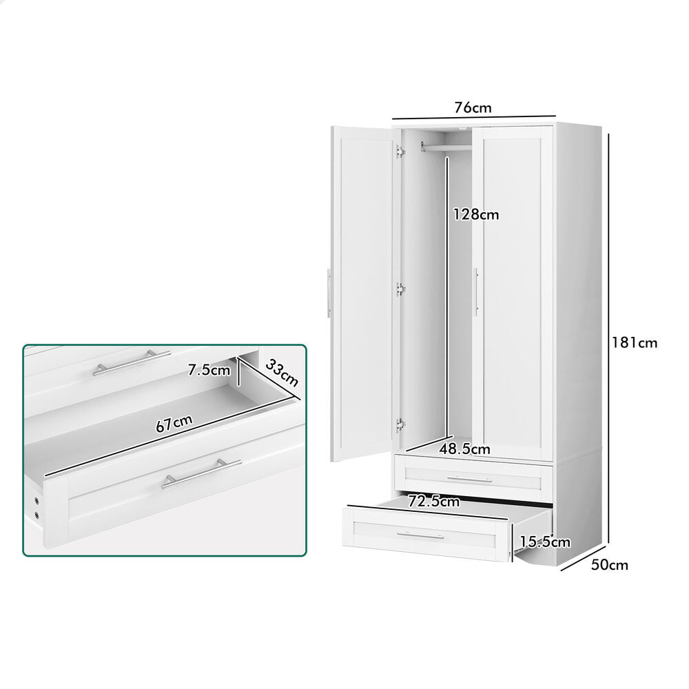 2 Drawers ALFORDSON Wardrobe Clothes Cabinet Hanging Rod White