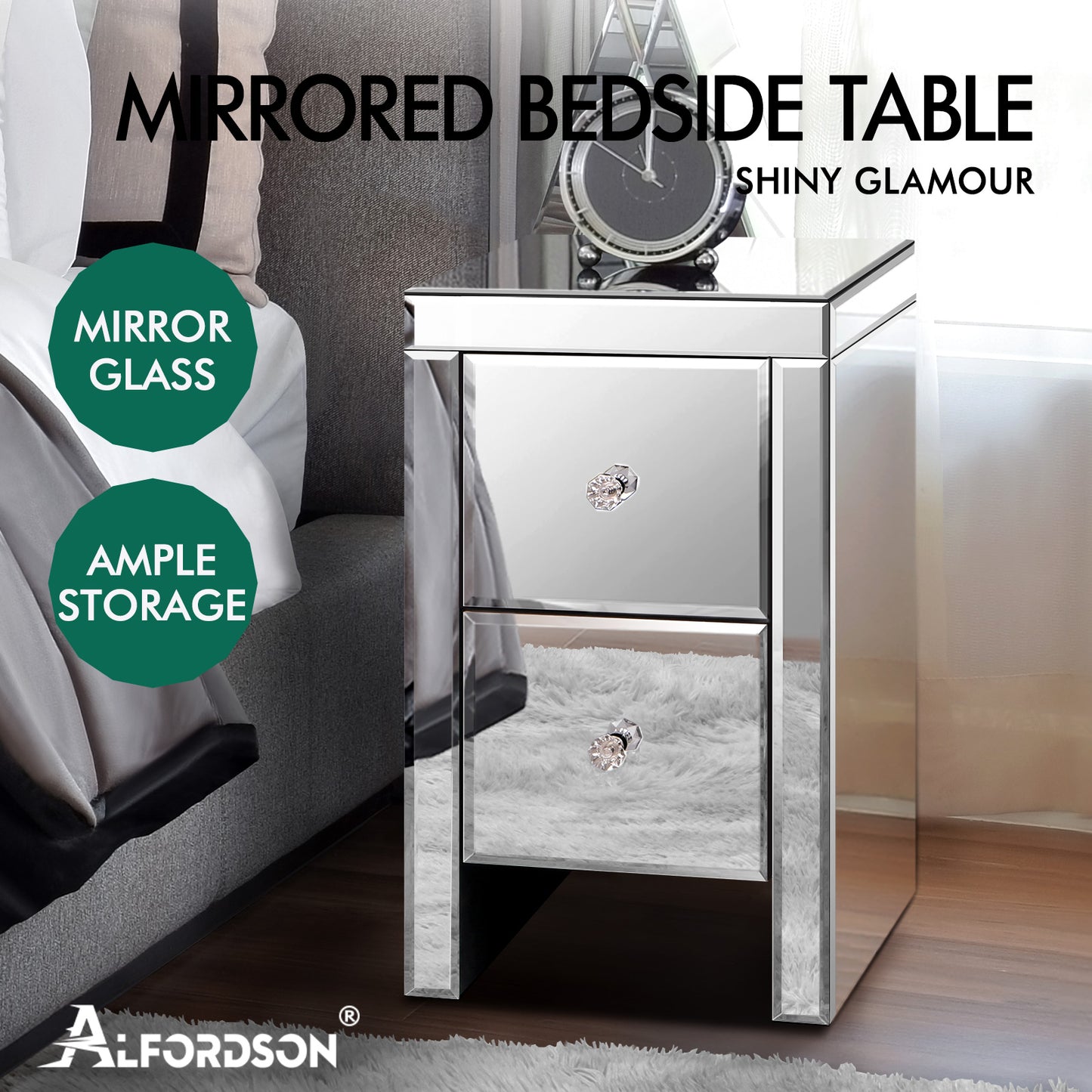 ALFORDSON Bedside Table Mirrored Cabinet Nightstand Side End Table Drawers