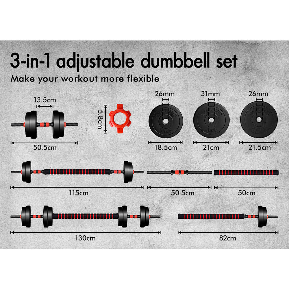 BLACK LORD 40KG 3in1 Adjustable Dumbbell Barbell Set Weight Home Gym Fitness