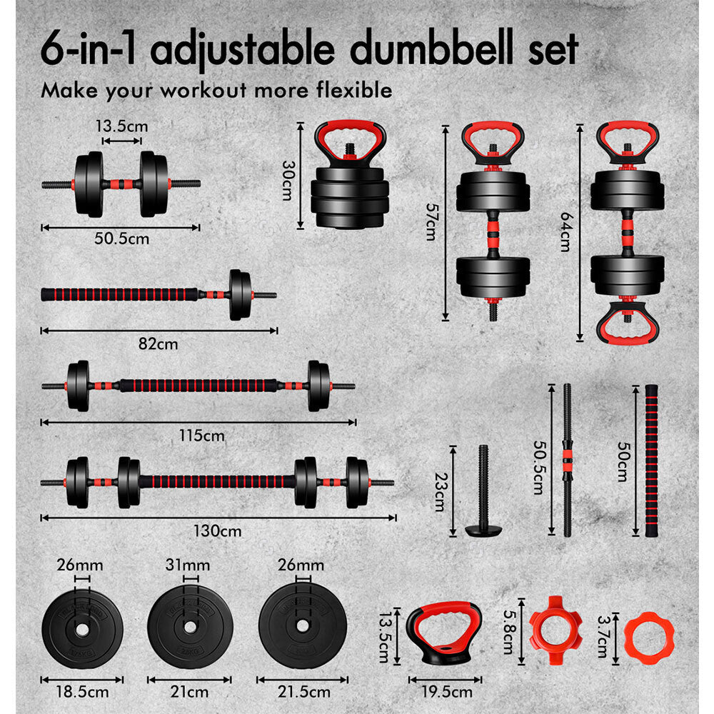 BLACK LORD Adjustable Dumbbell Set 40KG 6in1 Barbell Kettlebell Home Gym Fitness