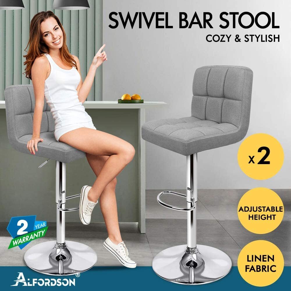 ALFORDSON 2x Bar Stools Ralph Kitchen Swivel Chair Fabric Gas Lift GREY