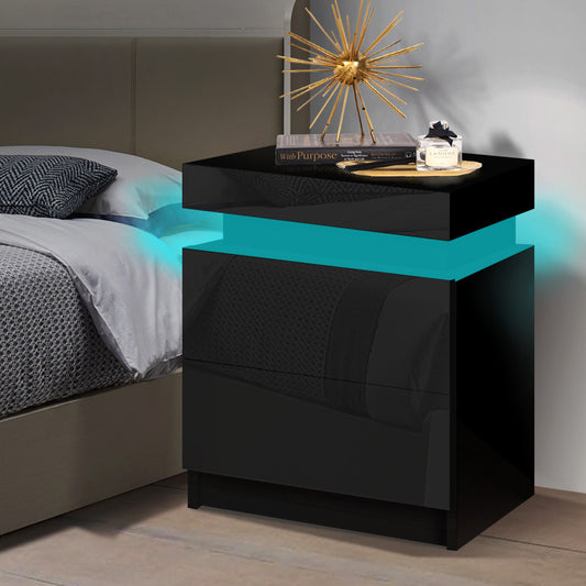 ALFORDSON Bedside Table RGB LED Nightstand 2 Drawers 4 Side High Gloss Black