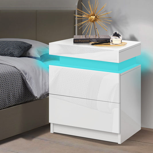 ALFORDSON Bedside Table RGB LED Nightstand 2 Drawers 4 Side High Gloss White