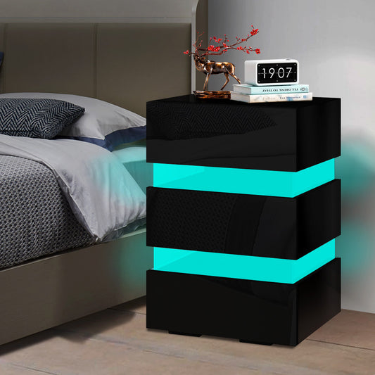 ALFORDSON Bedside Table RGB LED Nightstand 3 Drawers 4 Side High Gloss Black