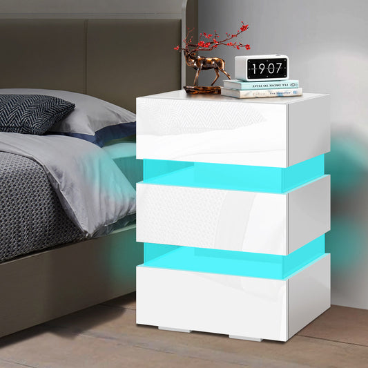 ALFORDSON Bedside Table RGB LED Nightstand 3 Drawers 4 Side High Gloss White