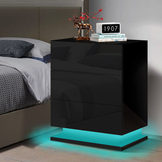 ALFORDSON Bedside Table RGB LED Nightstand 3 Drawers 4 Side High Gloss Black