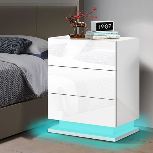 ALFORDSON Bedside Table RGB LED Nightstand 3 Drawers 4 Side High Gloss White