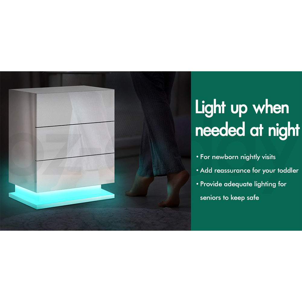 ALFORDSON Bedside Table RGB LED Nightstand 3 Drawers 4 Side High Gloss White
