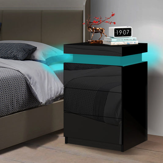 ALFORDSON Bedside Table RGB LED Nightstand 3 Drawers 4 Side High Gloss Black