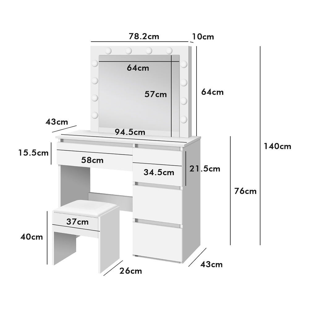 ALFORDSON Dressing Table Stool Set Makeup Mirror Desk LED 12 Bulbs White