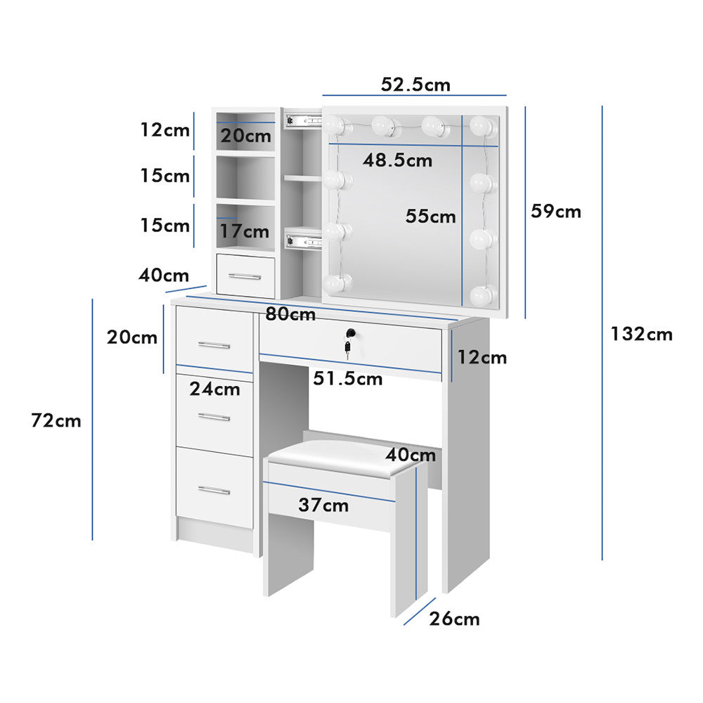 ALFORDSON Dressing Table Stool Set Makeup Storage Desk LED 10 Bulbs White