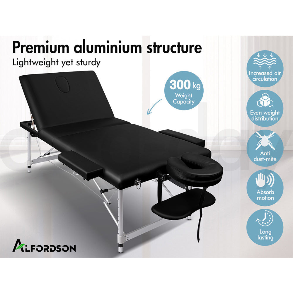 Alfordson Massage Table 3 Fold 85cm Foldable Portable Aluminium Lift U Black Lord 2418