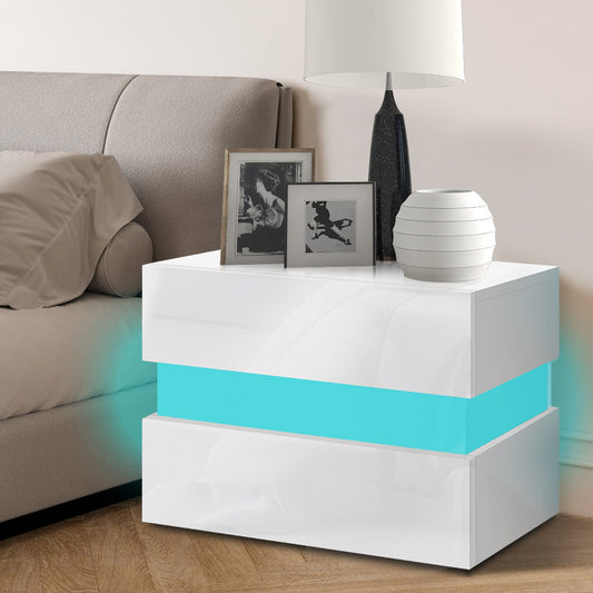 ALFORDSON Bedside Table RGB LED Nightstand 2 Drawers 4 Side High Gloss White