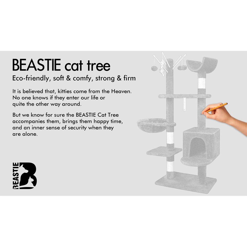 BEASTIE Cat Tree with Plush Toy Ball & Bell Scratching Post Grey 145cm