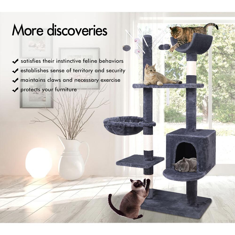 BEASTIE Cat Tree with Plush Toy Ball & Bell Scratching Post Grey 145cm