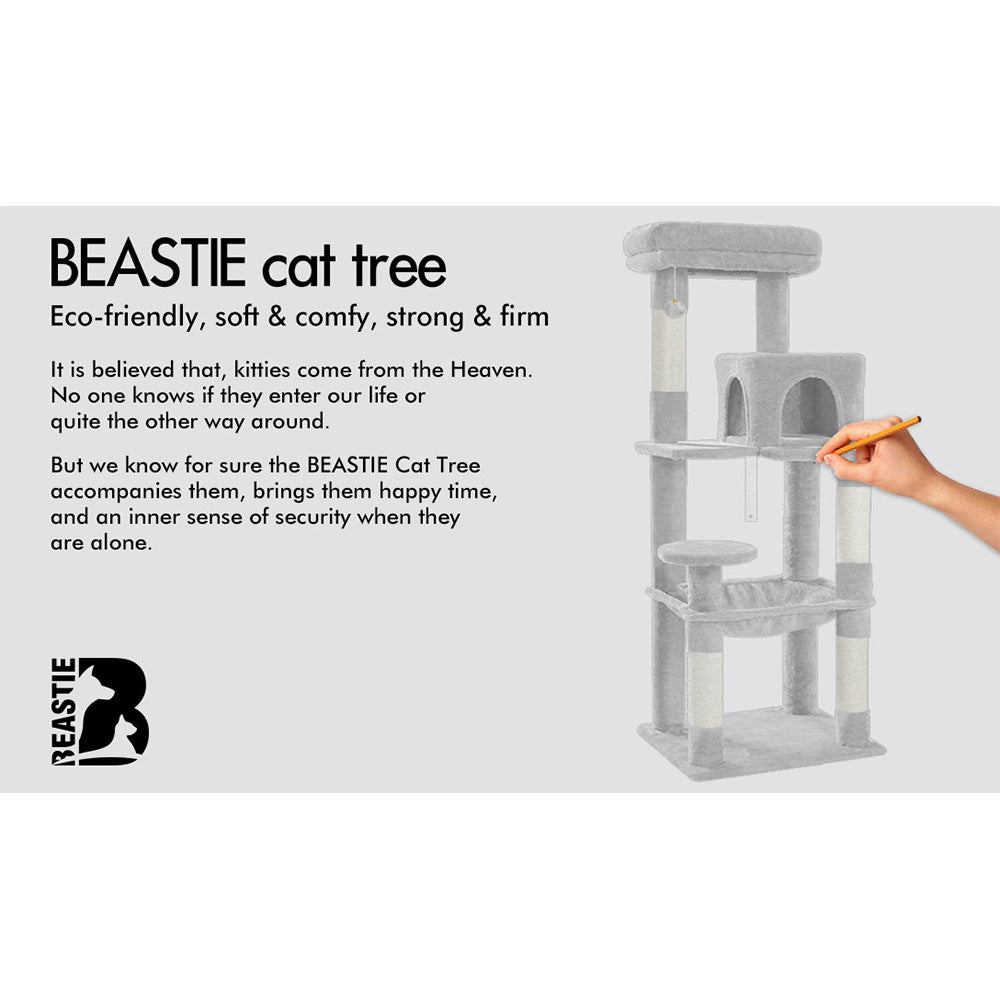 BEASTIE Cat Tree with Hammock Scratching Post Light Grey 143cm