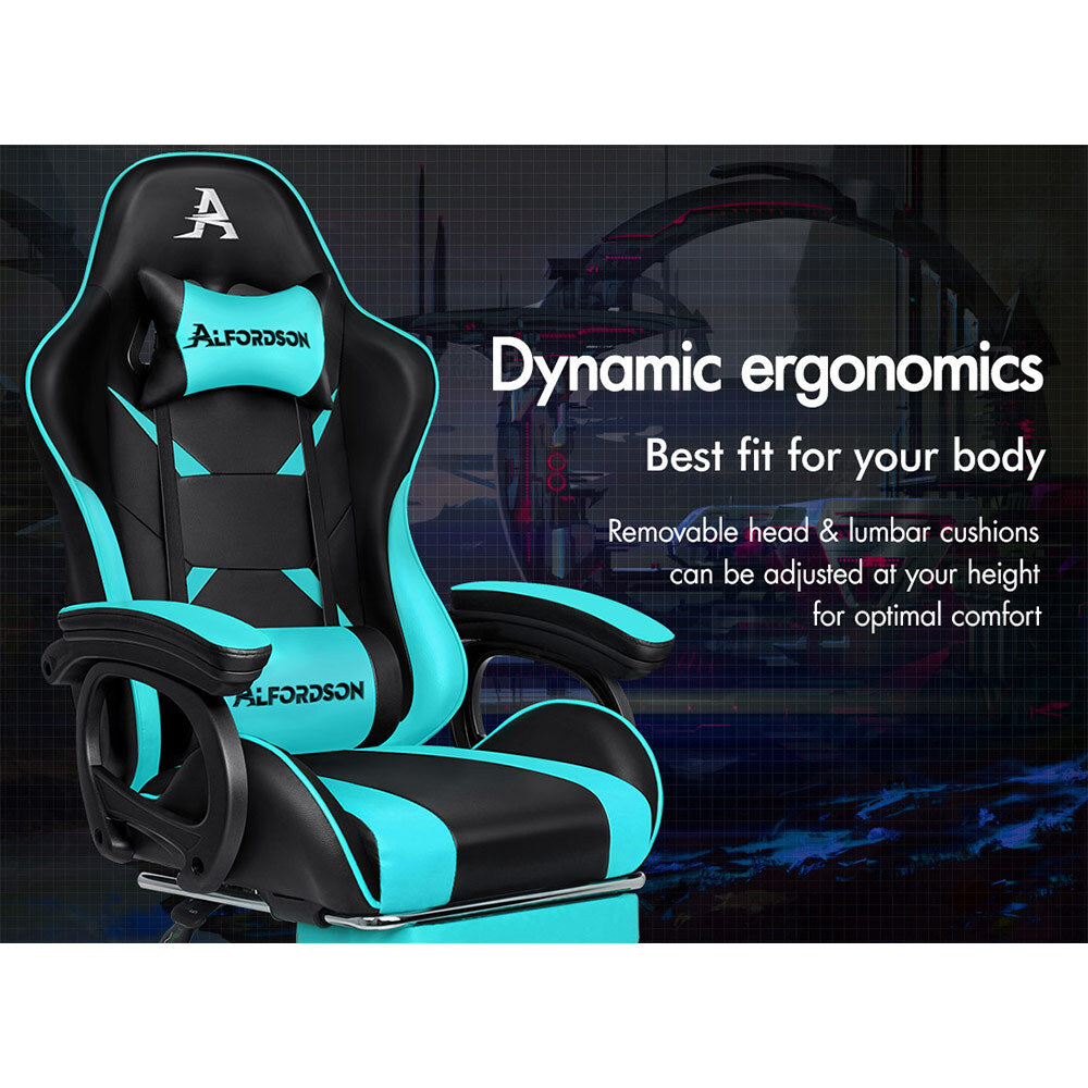 ALFORDSON Gaming Office Chair Massage Racing Computer Seat Footrest Leather Cyan