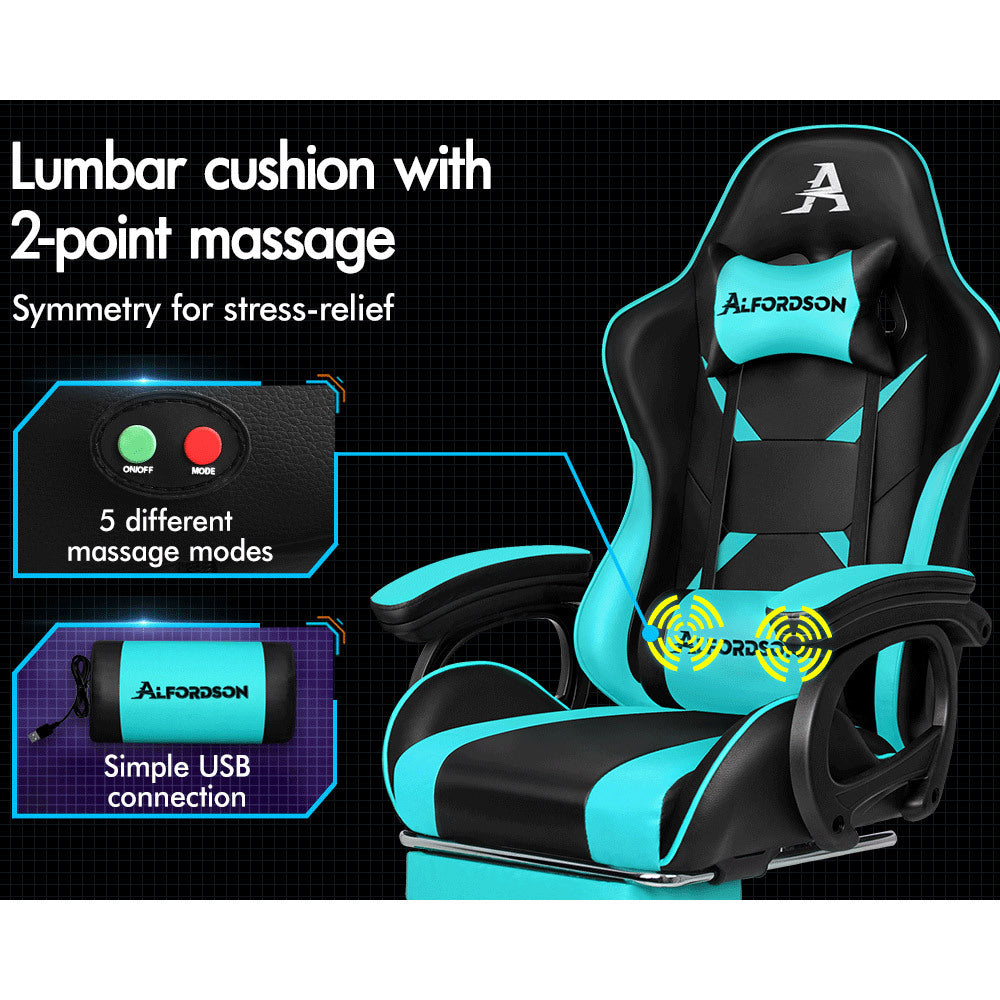 ALFORDSON Gaming Office Chair Massage Racing Computer Seat Footrest Leather Cyan