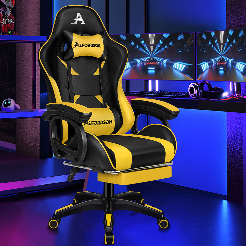 ALFORDSON Gaming Office Chair Massage Racing Computer Seat Footrest Leather Yellow