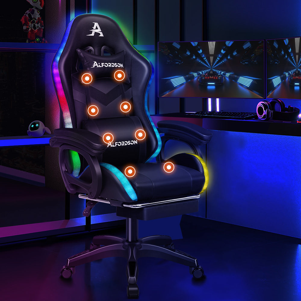 ALFORDSON Gaming Office Chair 12 RGB LED Massage Computer Seat Footrest Black