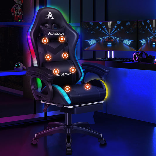 ALFORDSON Gaming Office Chair 12 RGB LED Massage Computer Seat Footrest Black