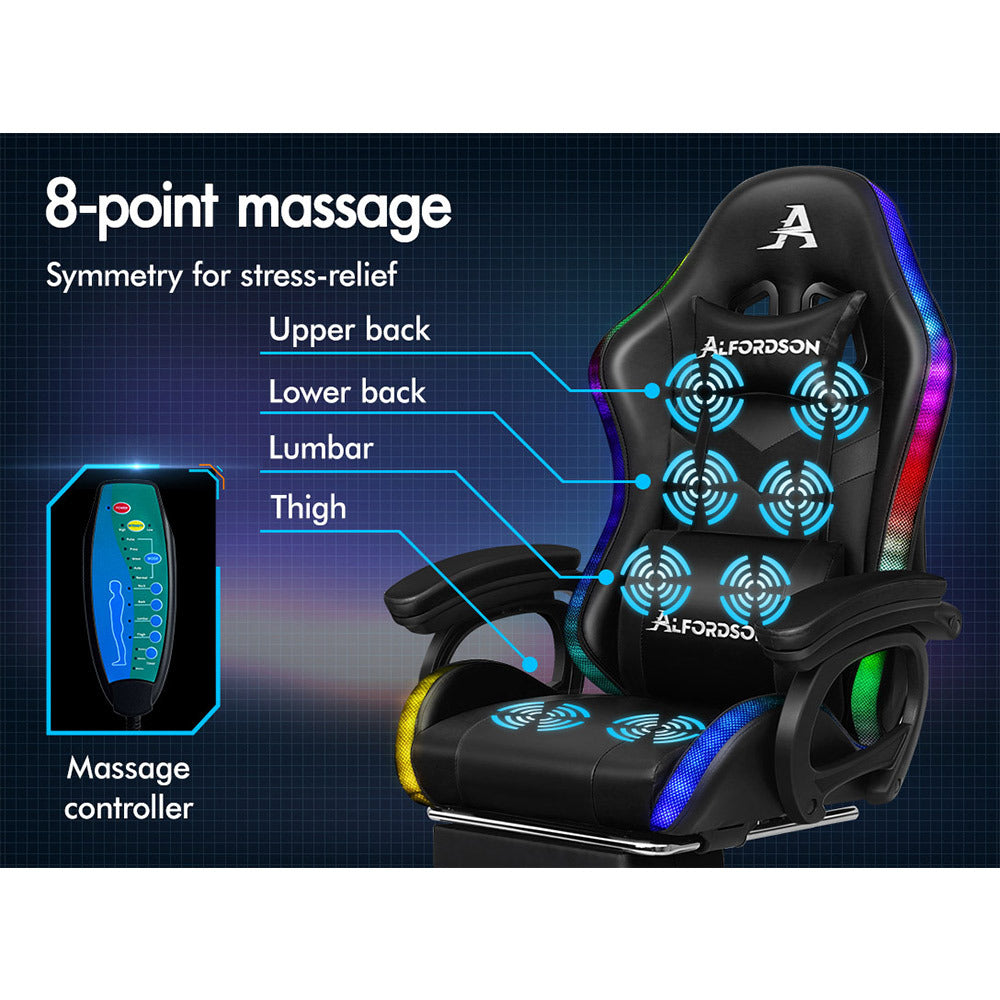 ALFORDSON Gaming Office Chair 12 RGB LED Massage Computer Seat Footrest Black