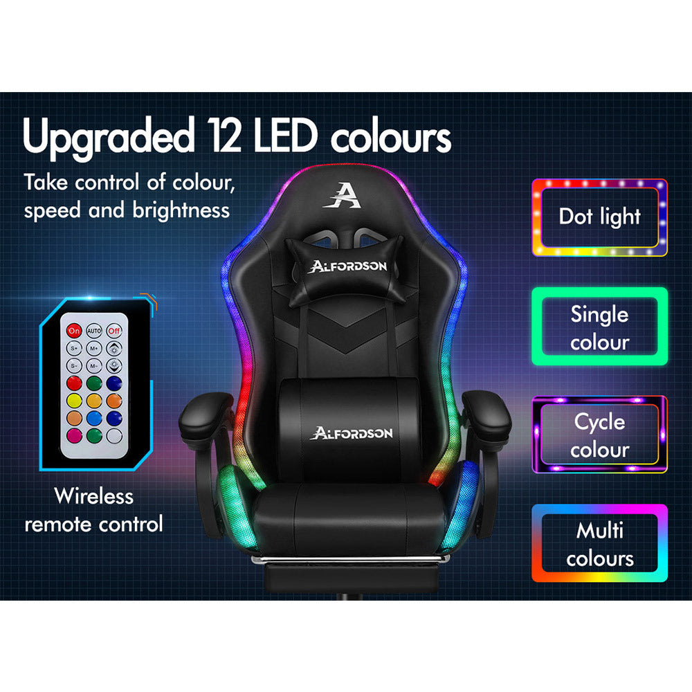 ALFORDSON Gaming Office Chair 12 RGB LED Massage Computer Seat Footrest Black