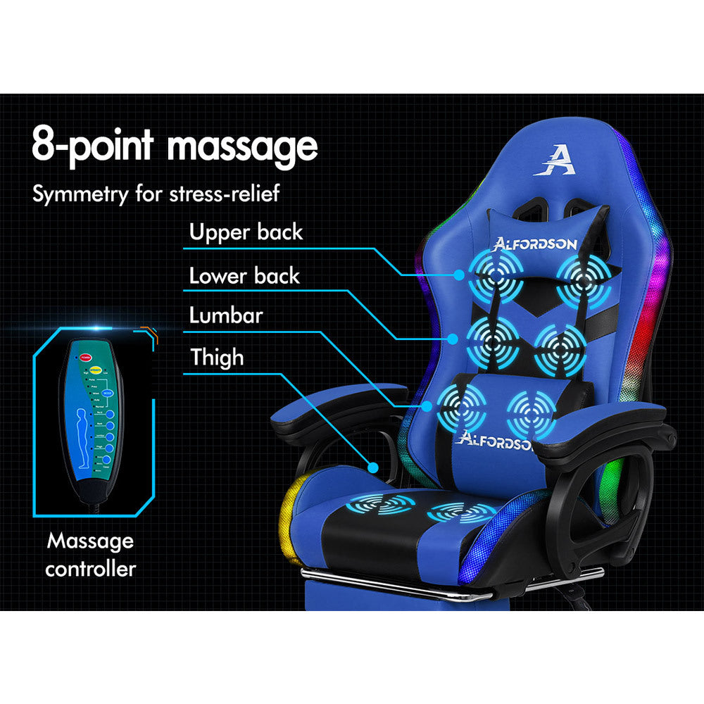 ALFORDSON Gaming Office Chair 12 RGB LED Massage Computer Seat Footrest Blue