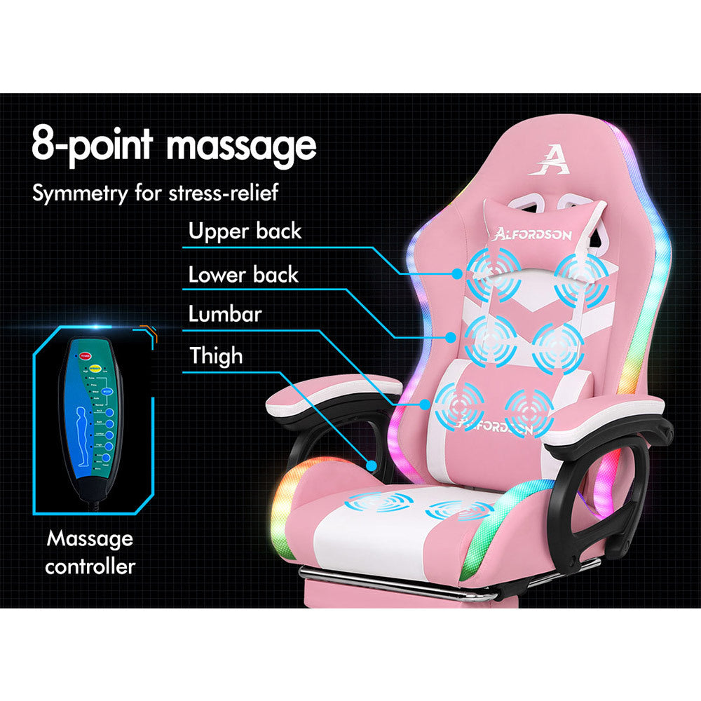 ALFORDSON Gaming Office Chair 12 RGB LED Massage Computer Seat Footrest Pink