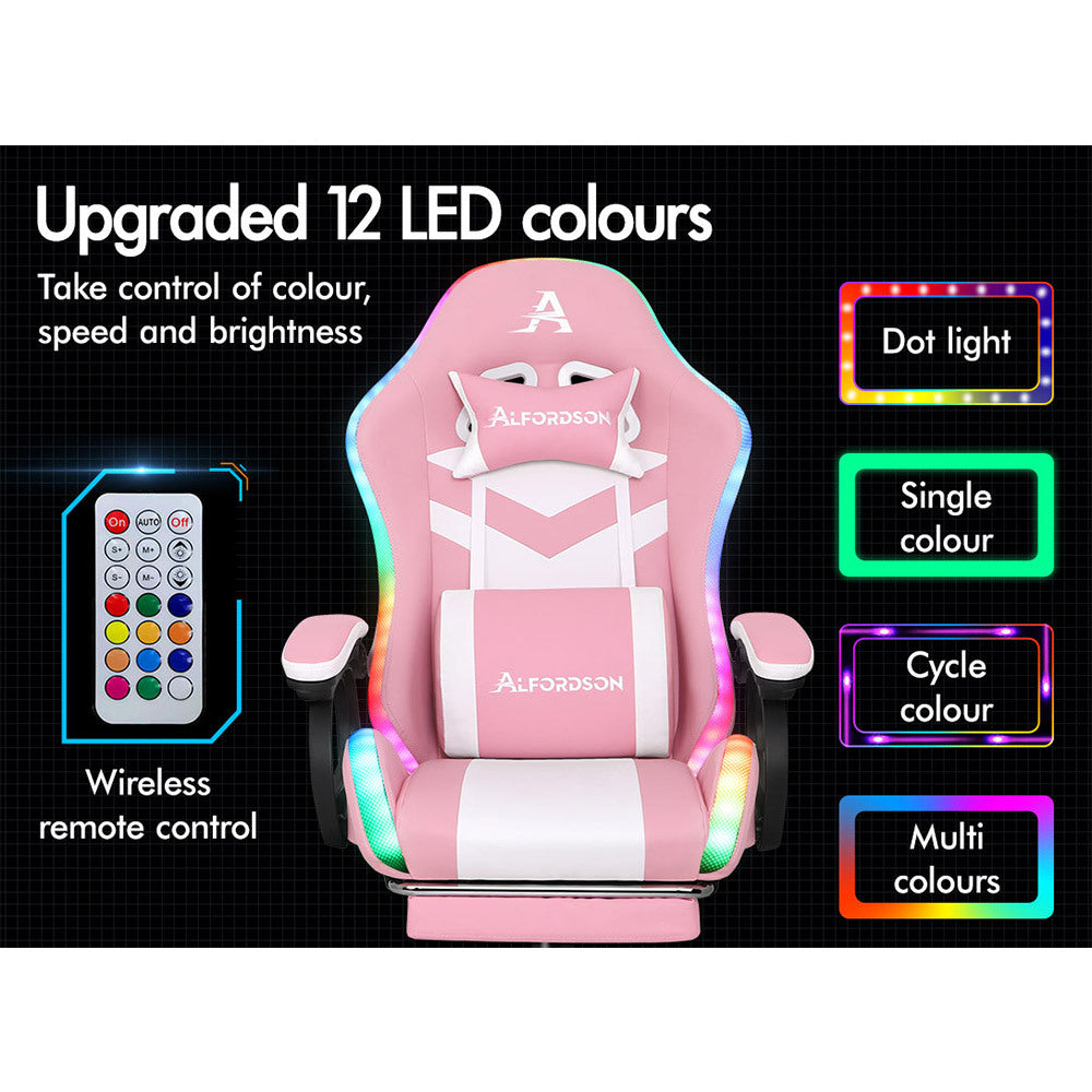 ALFORDSON Gaming Office Chair 12 RGB LED Massage Computer Seat Footrest Pink