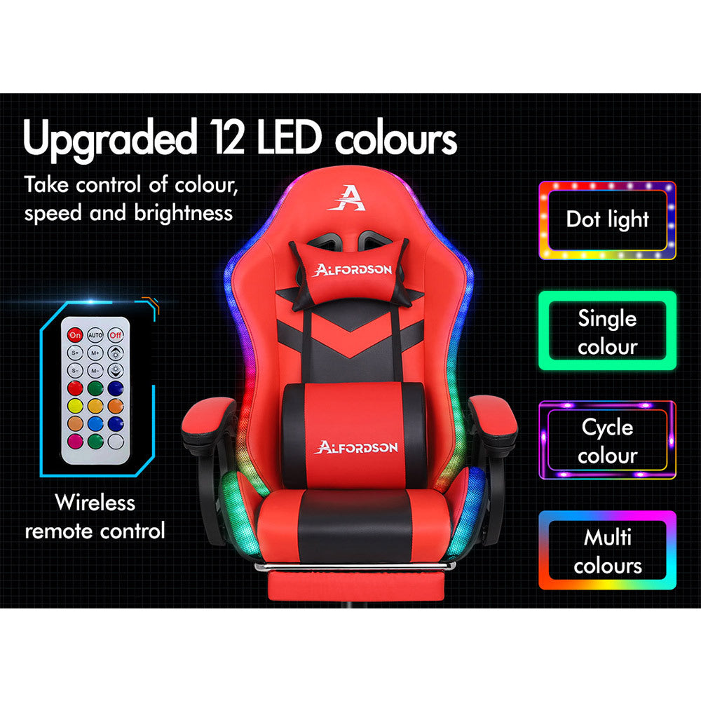 ALFORDSON Gaming Office Chair 12 RGB LED Massage Computer Seat Footrest Red