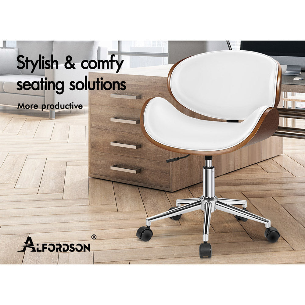 ALFORDSON Wooden Office Chair Computer Chairs Bentwood Seat Leather White